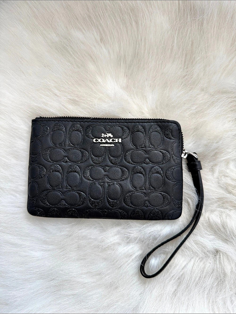 Coach Large Corner Zip Wristlet In Signature Leather with Glitter Black